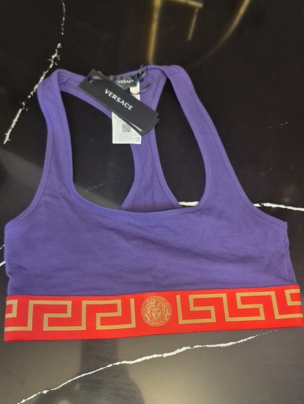 Versace Purple Sports Bra with Red & Gold Greek Key Band